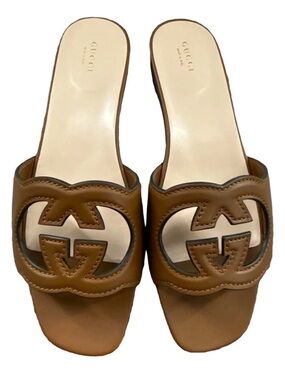 Gucci Brown Leather Open-Toe Slide Mules with Interlocking Logo